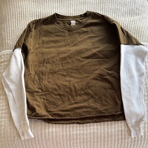 Urban Outfitters Olive Green Long Sleeve Layered Tee with White Sleeves